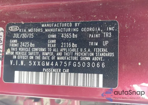 2015 Kia Optima Lx from USA, damaged, VIN 5XXGM4A75FG503066